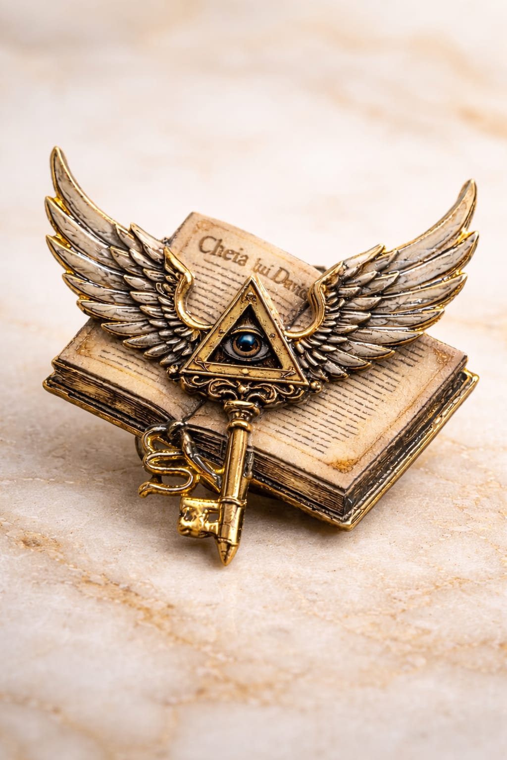 Broșă metalică emailată Cheia lui David - print UV - finisaj auriu antichizat - color