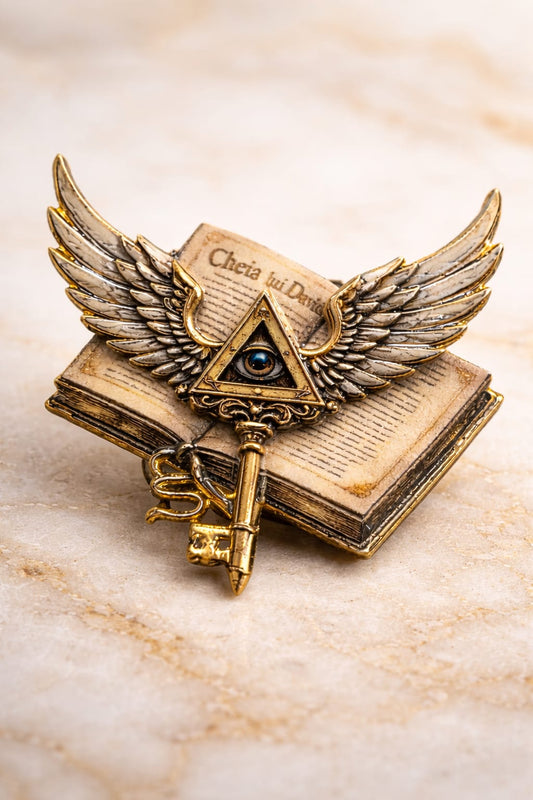 Broșă metalică emailată Cheia lui David - print UV - finisaj auriu antichizat - color