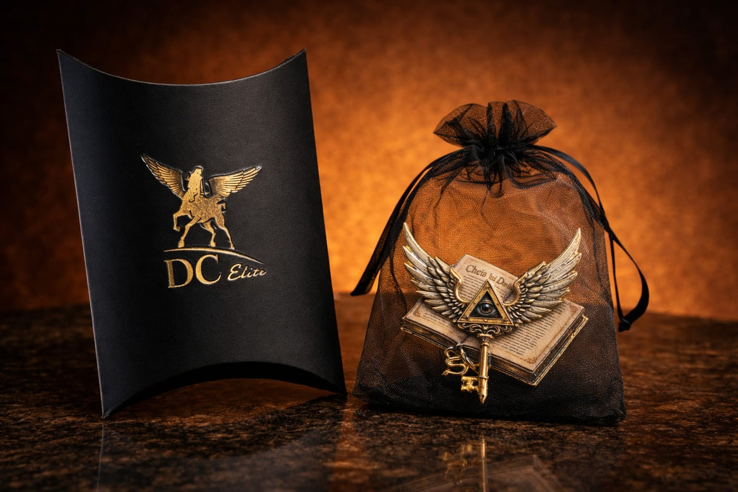 Broșă metalică emailată Cheia lui David - print UV - finisaj auriu antichizat - color